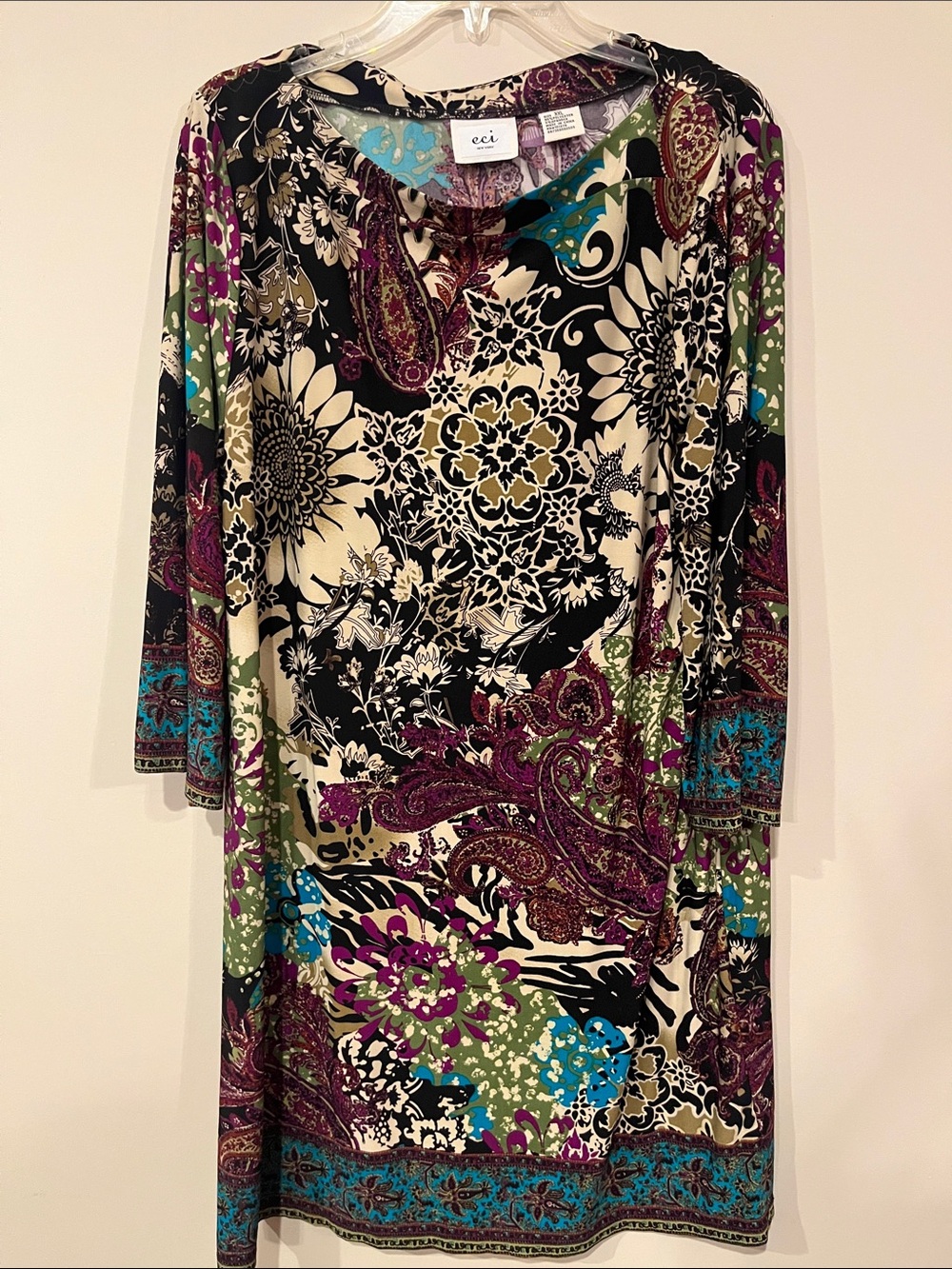 ECI Multicolor Paisley & Floral Shift Dress - Black, Cream, Purple, Green, Teal